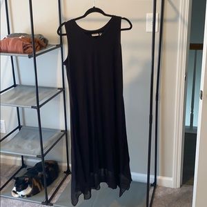 Asymmetrical hem, black midi dress